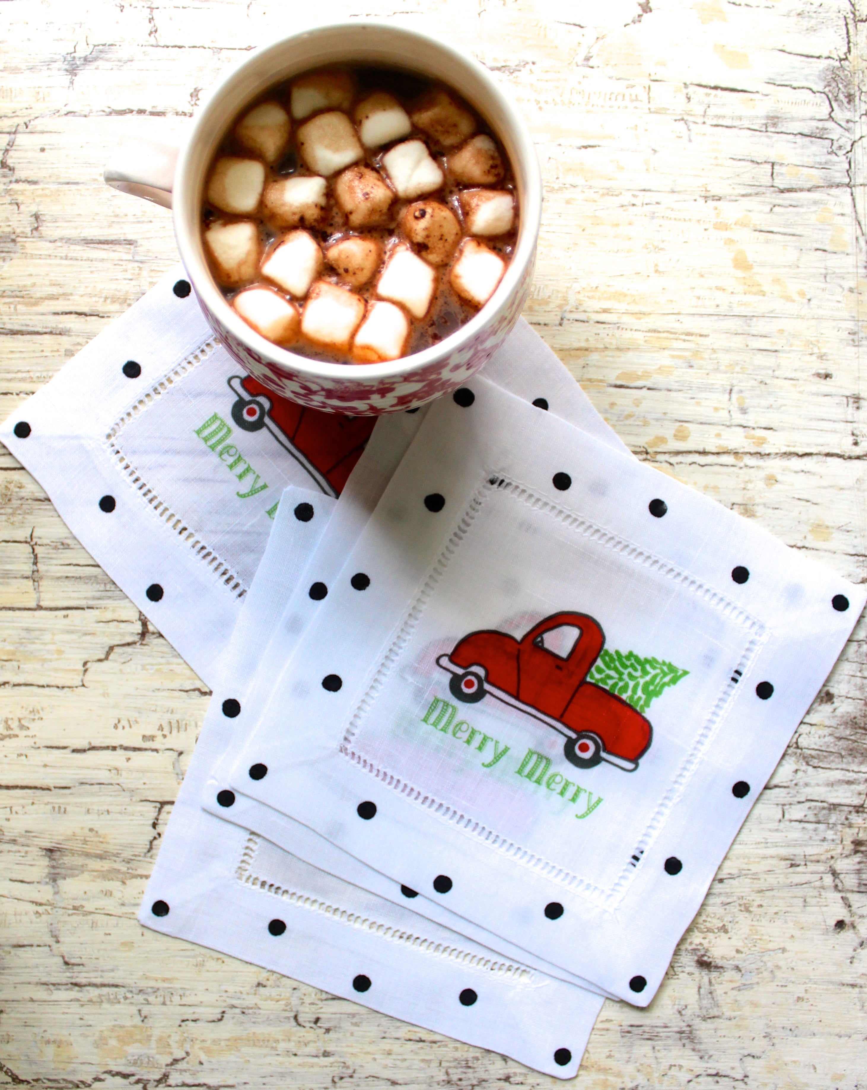 Red Christmas Truck Linen Cocktail Napkins - Thumbnail 3