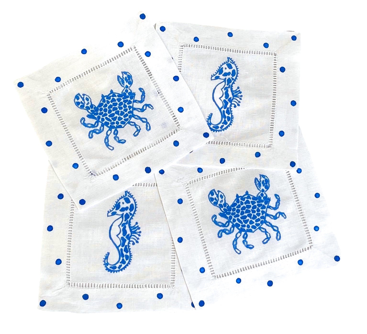 Blue Speckle Crab & Seahorse Linen Cocktail Napkins