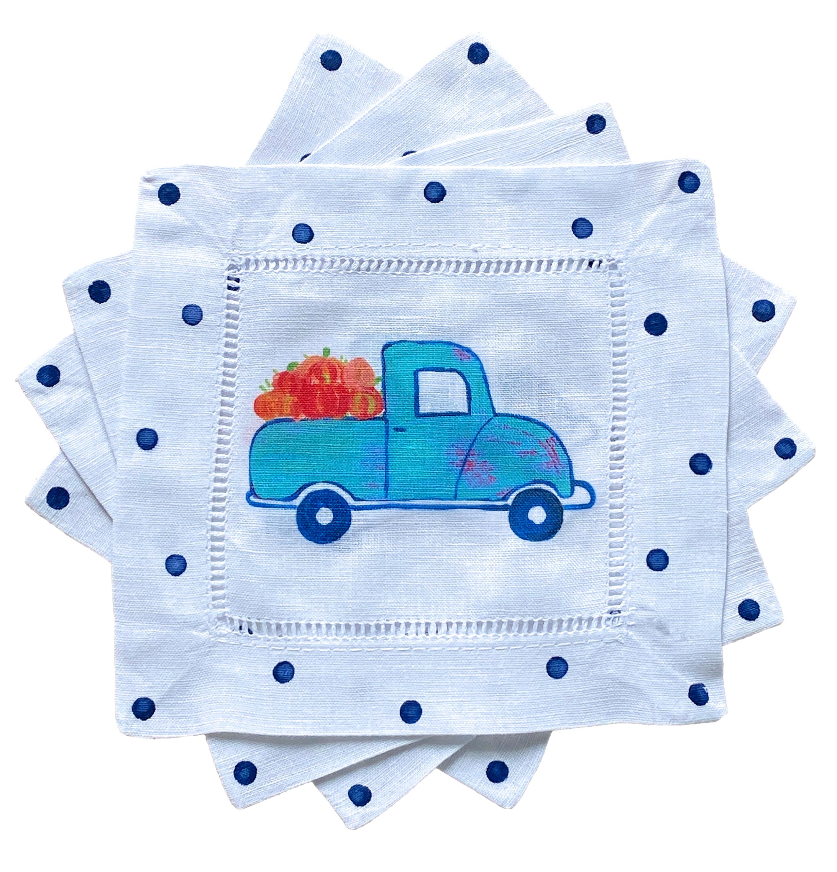 Blue Pumpkin Truck Linen Cocktail Napkins - Thumbnail 2