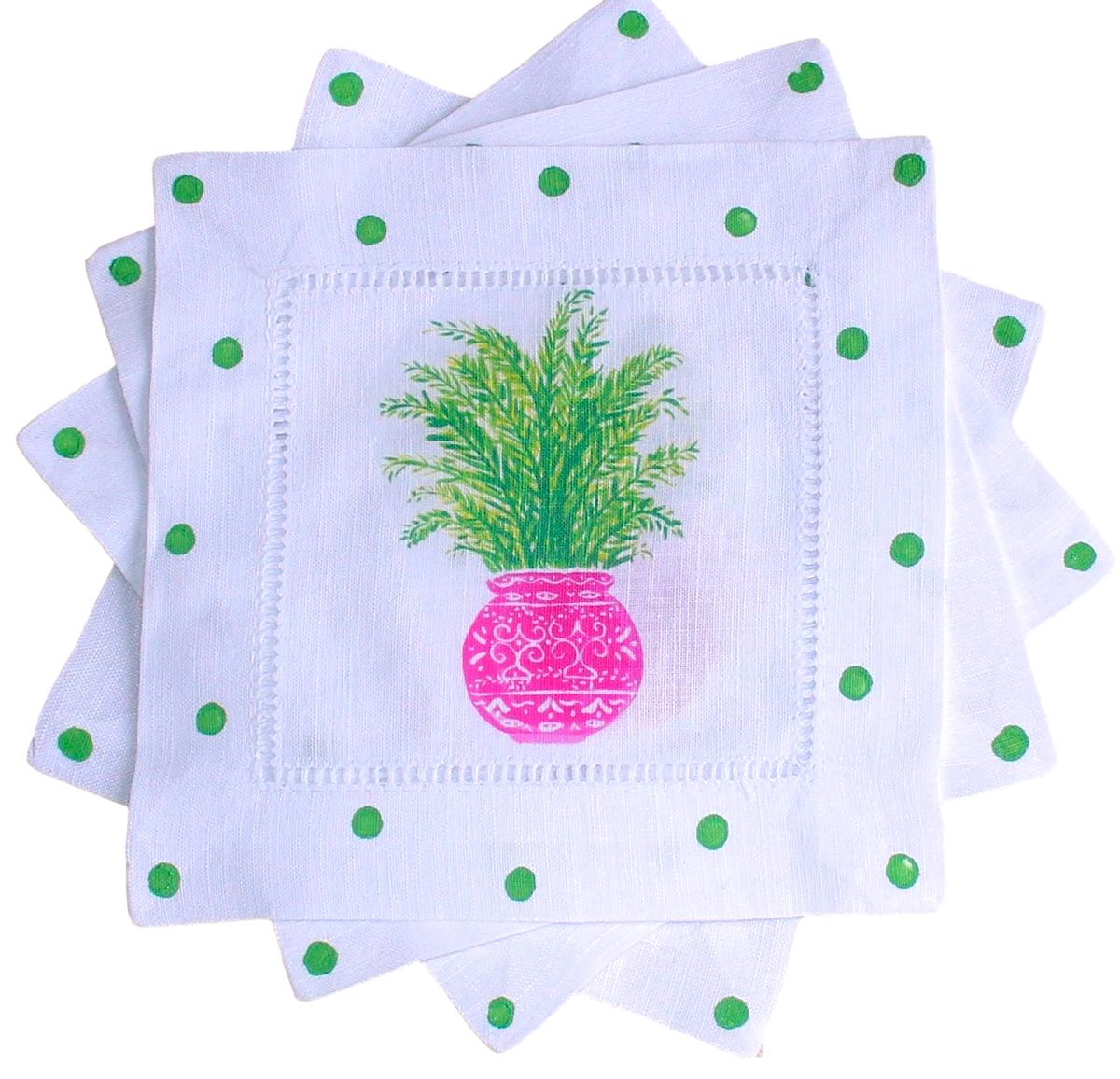 Pink Chinoiserie Palm Linen Cocktail Napkins