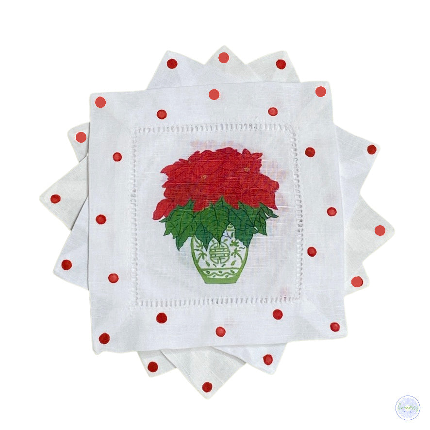 Poinsettia Chinoiserie Linen Cocktail Napkins