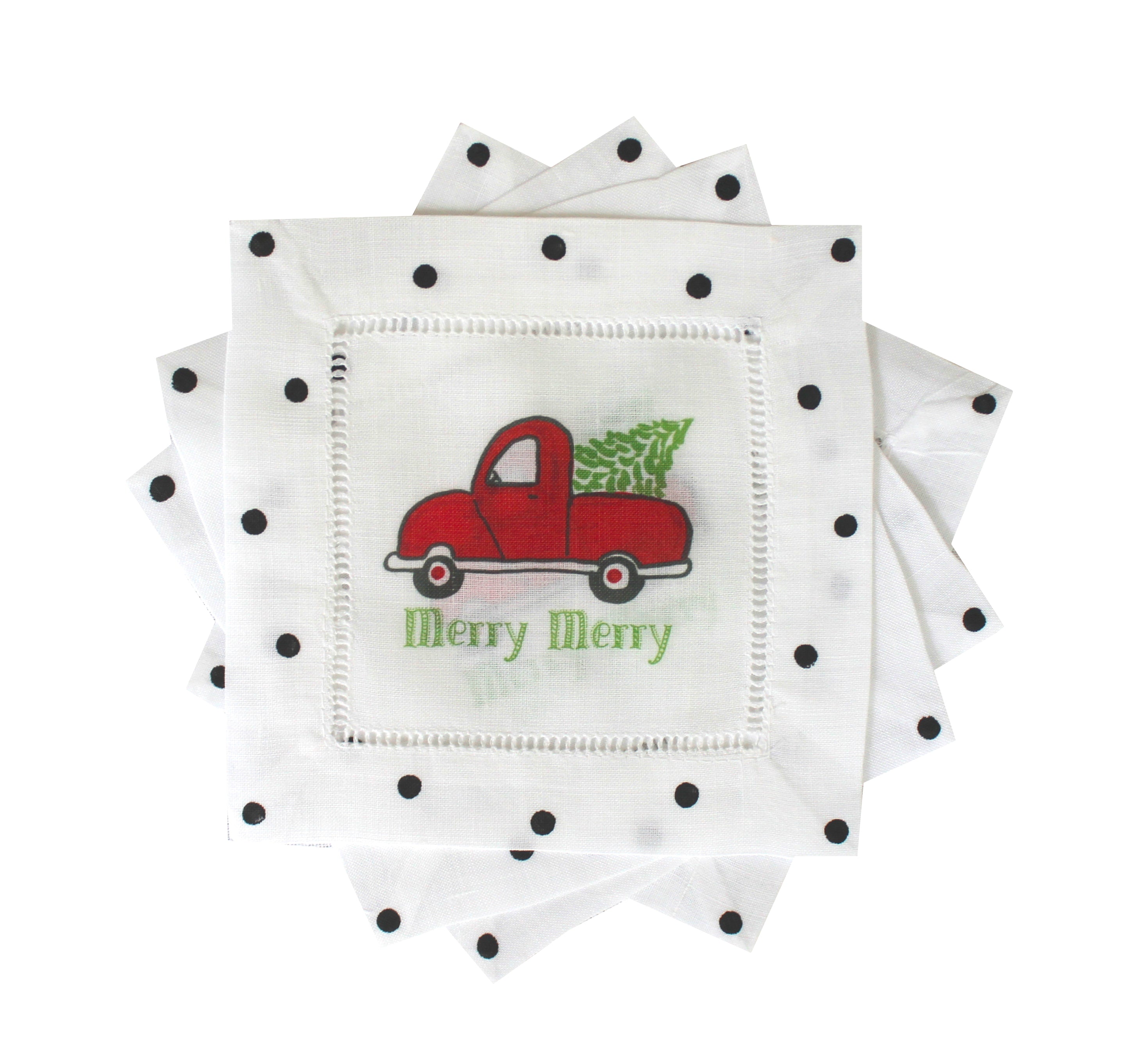 Red Christmas Truck Linen Cocktail Napkins - Thumbnail 2