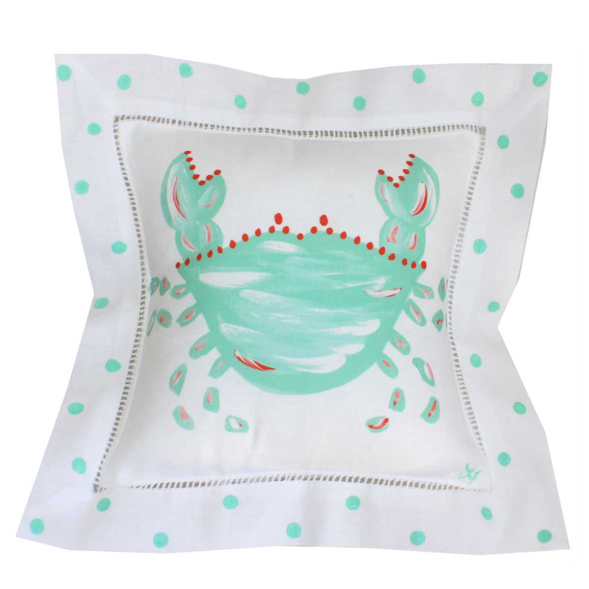 Mint Turquoise Crab with Polka Dots Linen Pillow