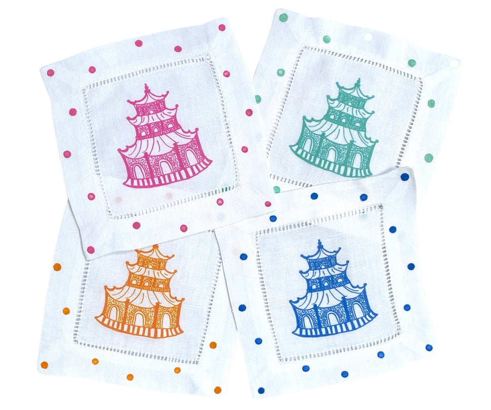 Autumn Colors Chinoiserie Pagoda Linen Cocktail Napkins