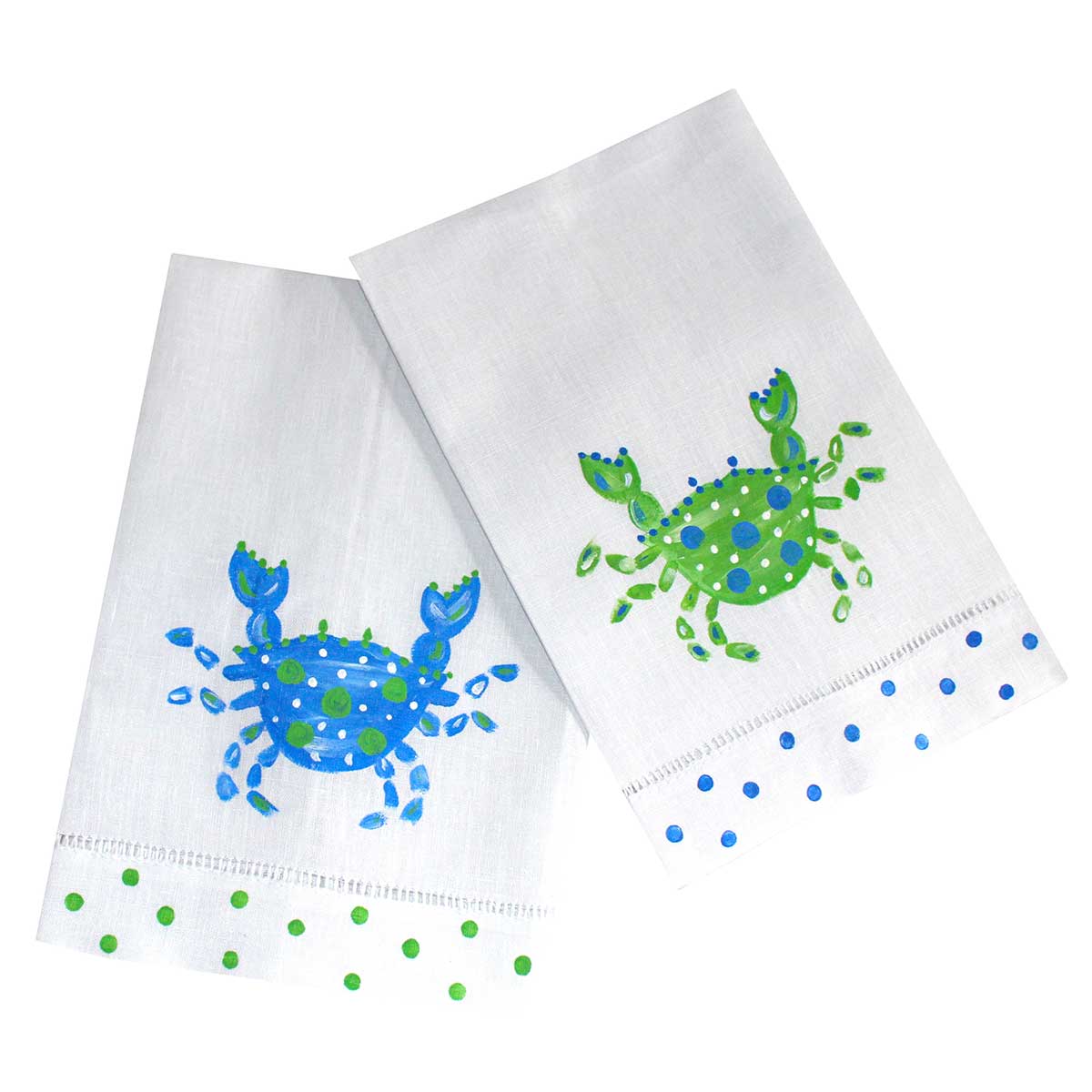 Nautical Blue and Green Crab Linen Guest Towel Set
