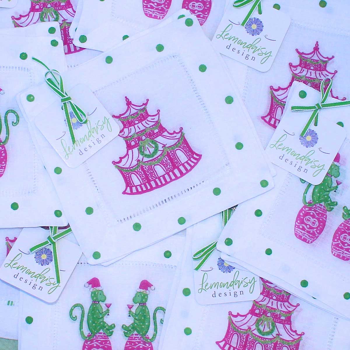 Pink Chinoiserie Holiday Monkeys Linen Cocktail Napkins
