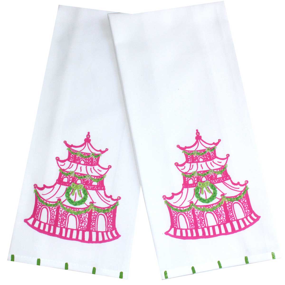 Pink and Green Chinoiserie Christmas Pagoda Tea Towel