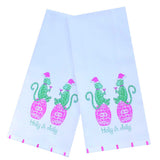 Pink & Green Holly & Jolly Chinoiserie Monkeys Holiday Tea Towel