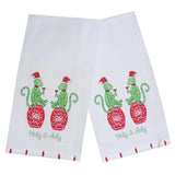 Red and Green Holly Jolly Chinoiserie Monkeys Holiday Tea Towel