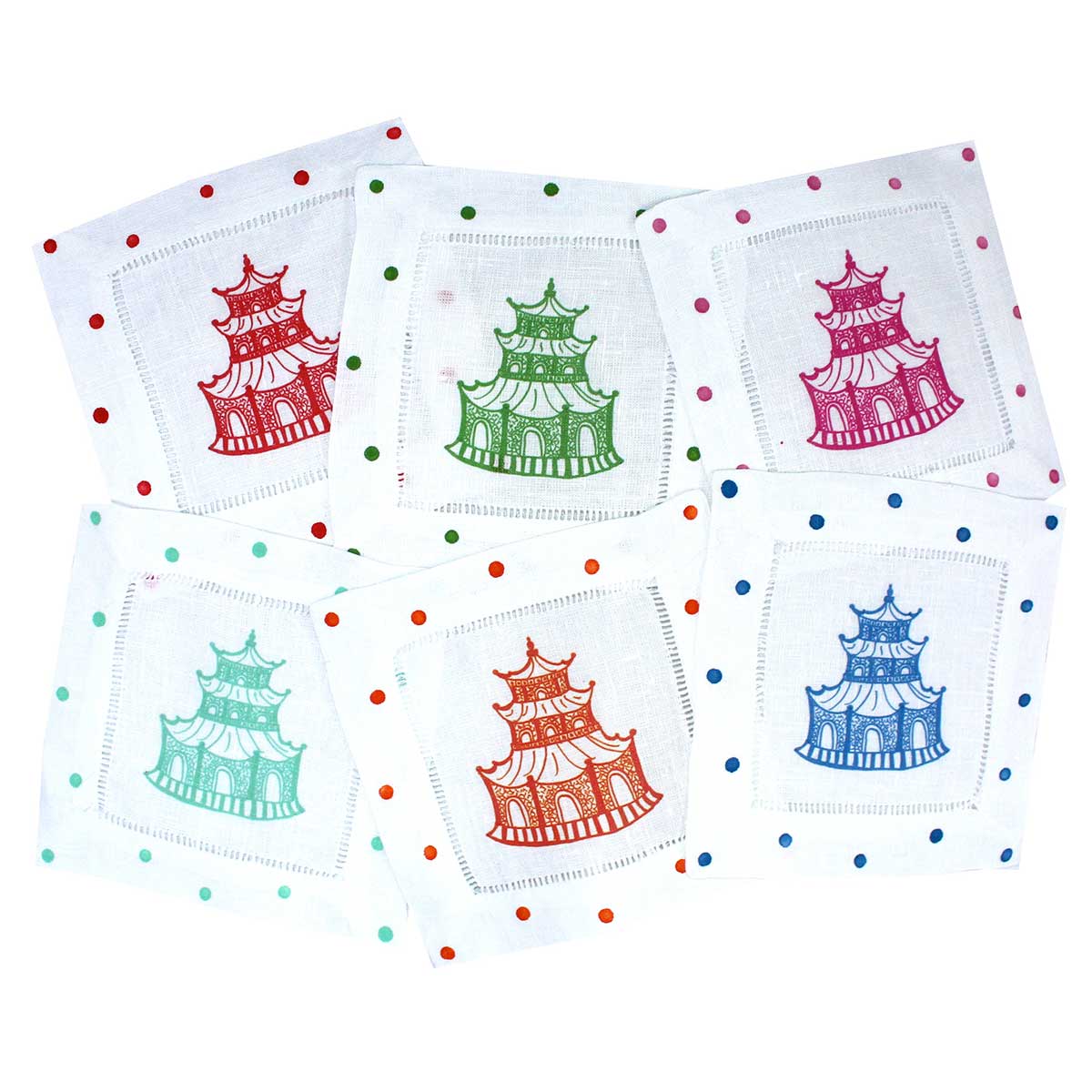 Set of 6 Chinoiserie Pagoda Linen Cocktail Napkins