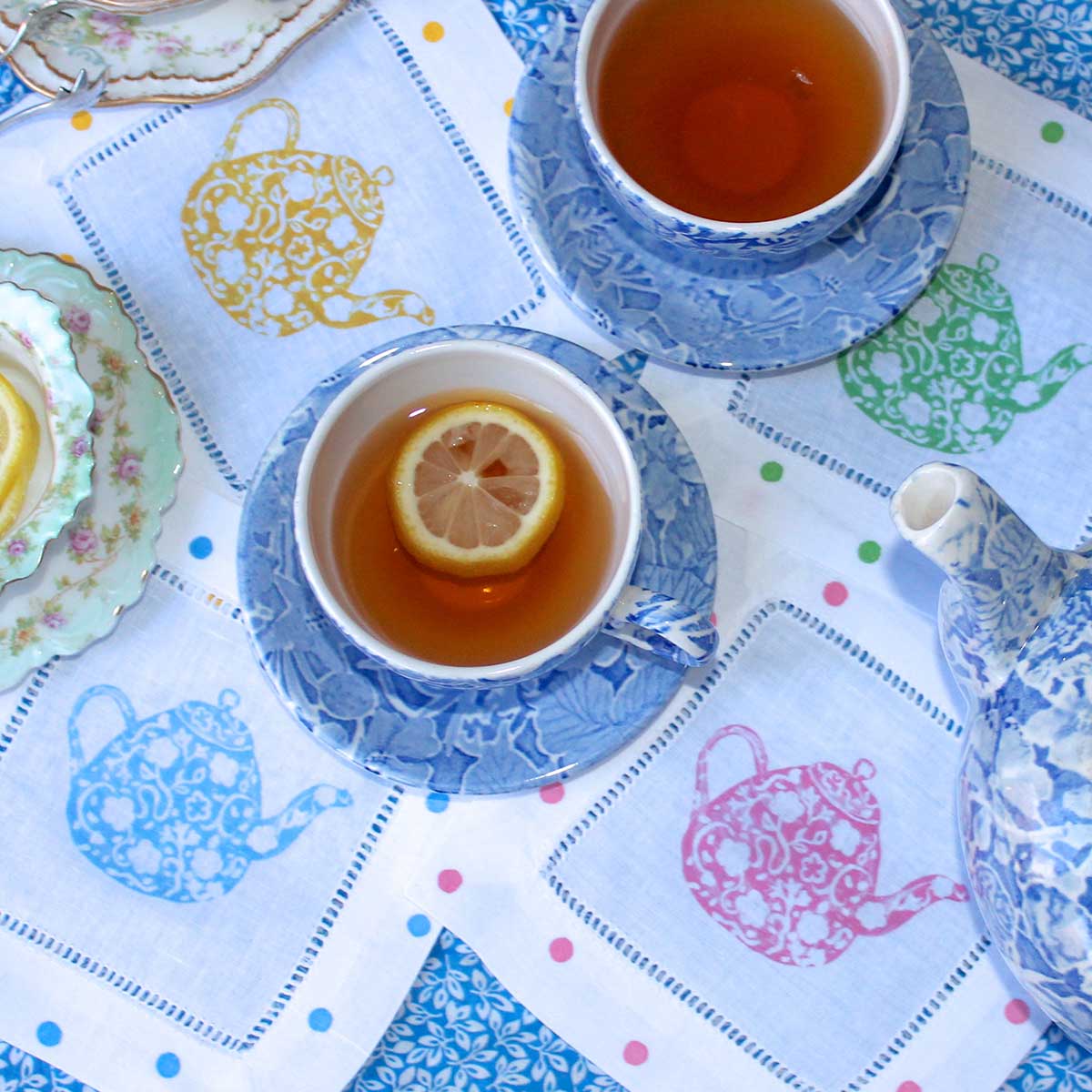 Tea Time Teapot Linen Cocktail Napkins