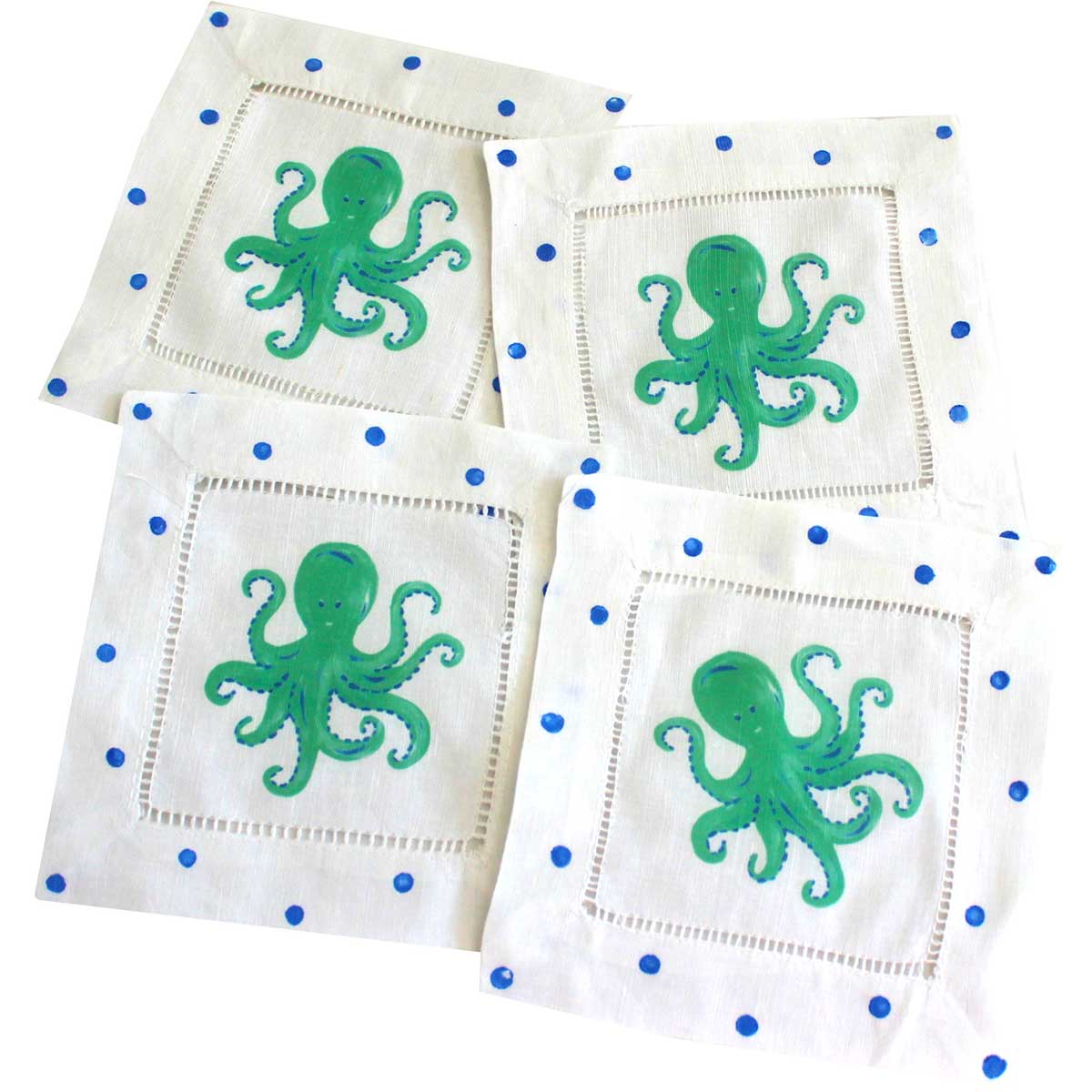 Teal Octopus Linen Cocktail Napkins - Thumbnail 2