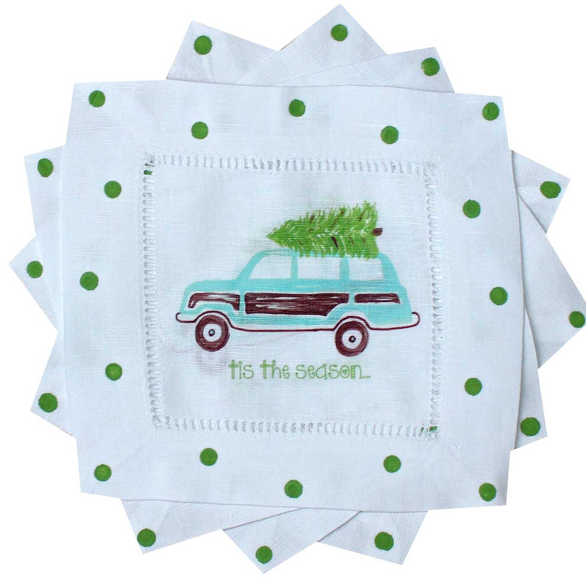 Turquoise Christmas Woody Wagon Linen Cocktail Napkins