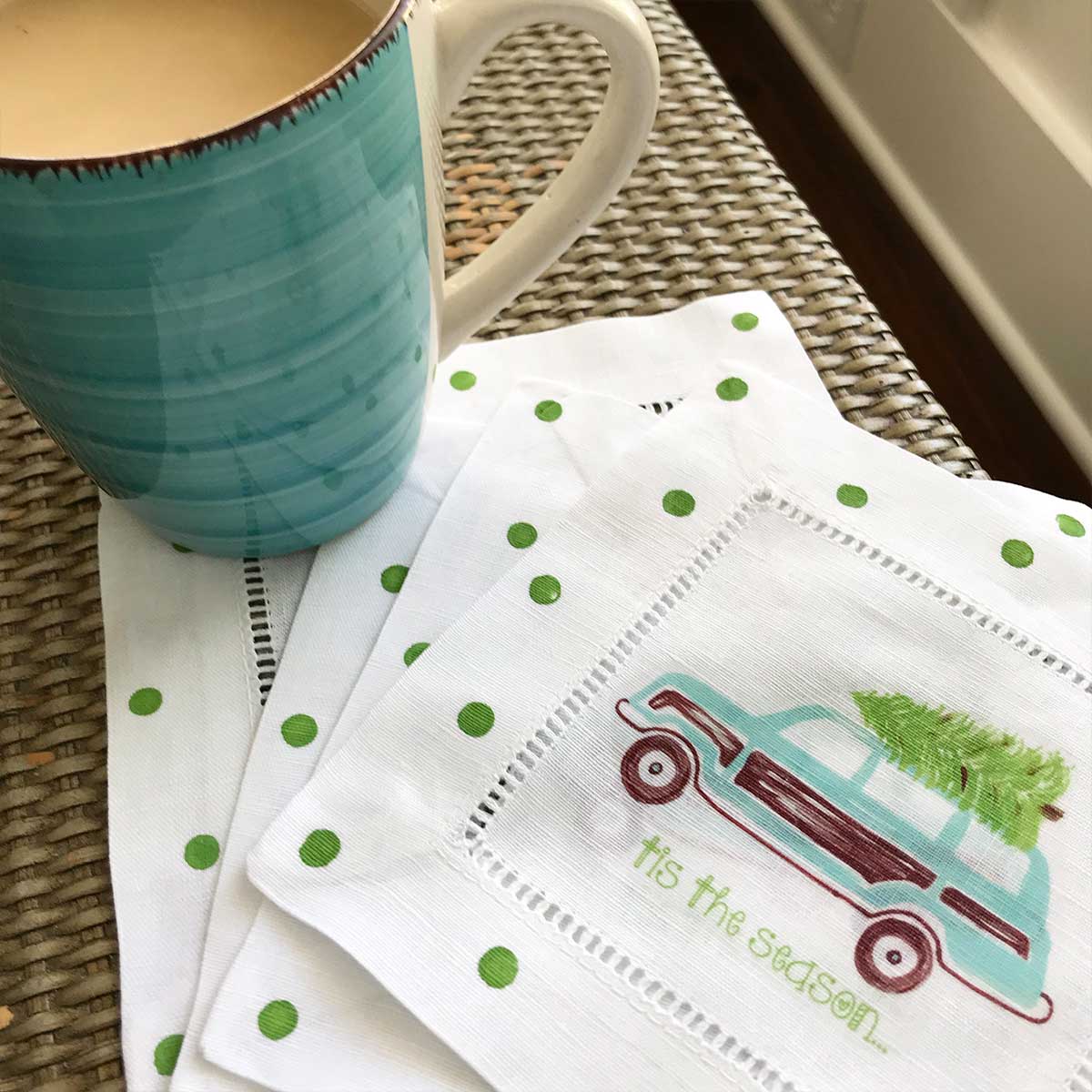 Turquoise Christmas Woody Wagon Linen Cocktail Napkins - Thumbnail 2