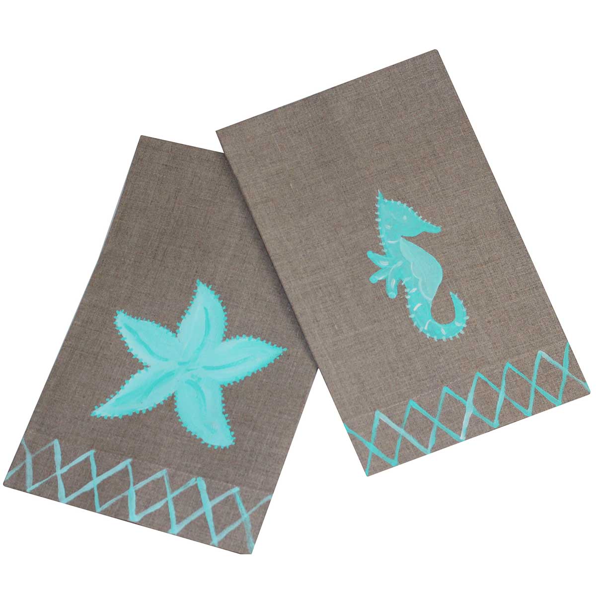 Turquoise Starfish and Sea Horse Linen Guest Towel Set