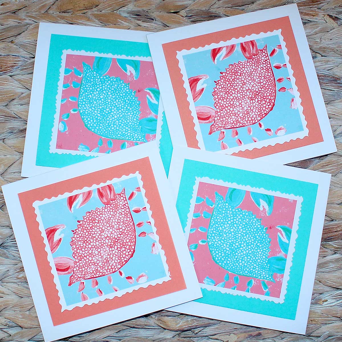 Turquoise and Coral Crab Hand Cut Notecard Set