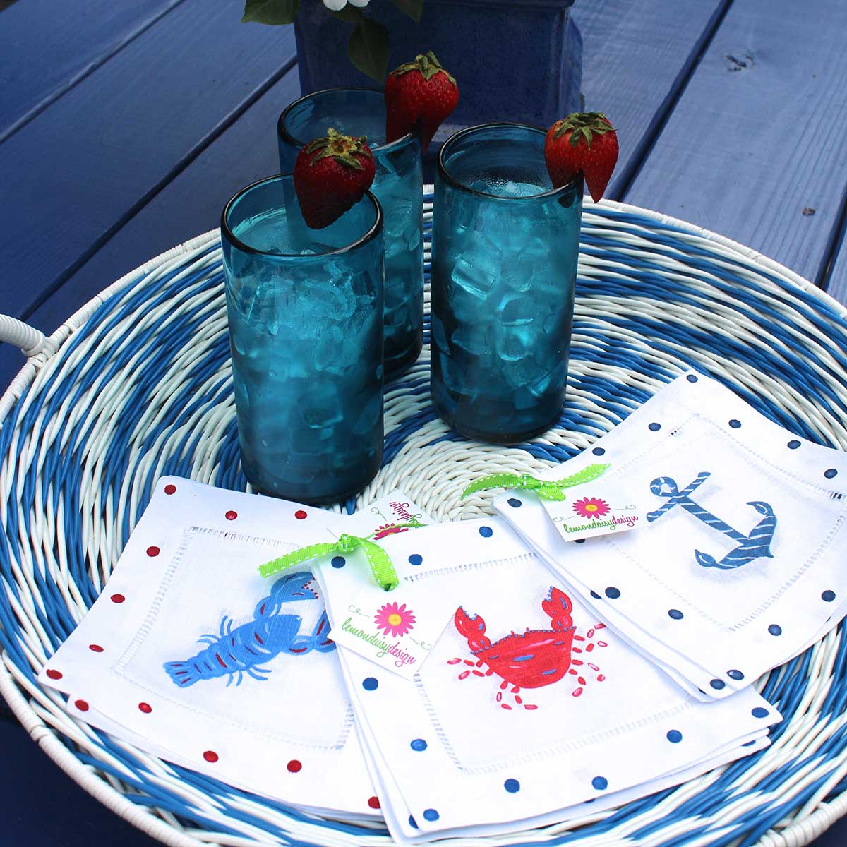 Blue Lobster Linen Cocktail Napkins - Thumbnail 4