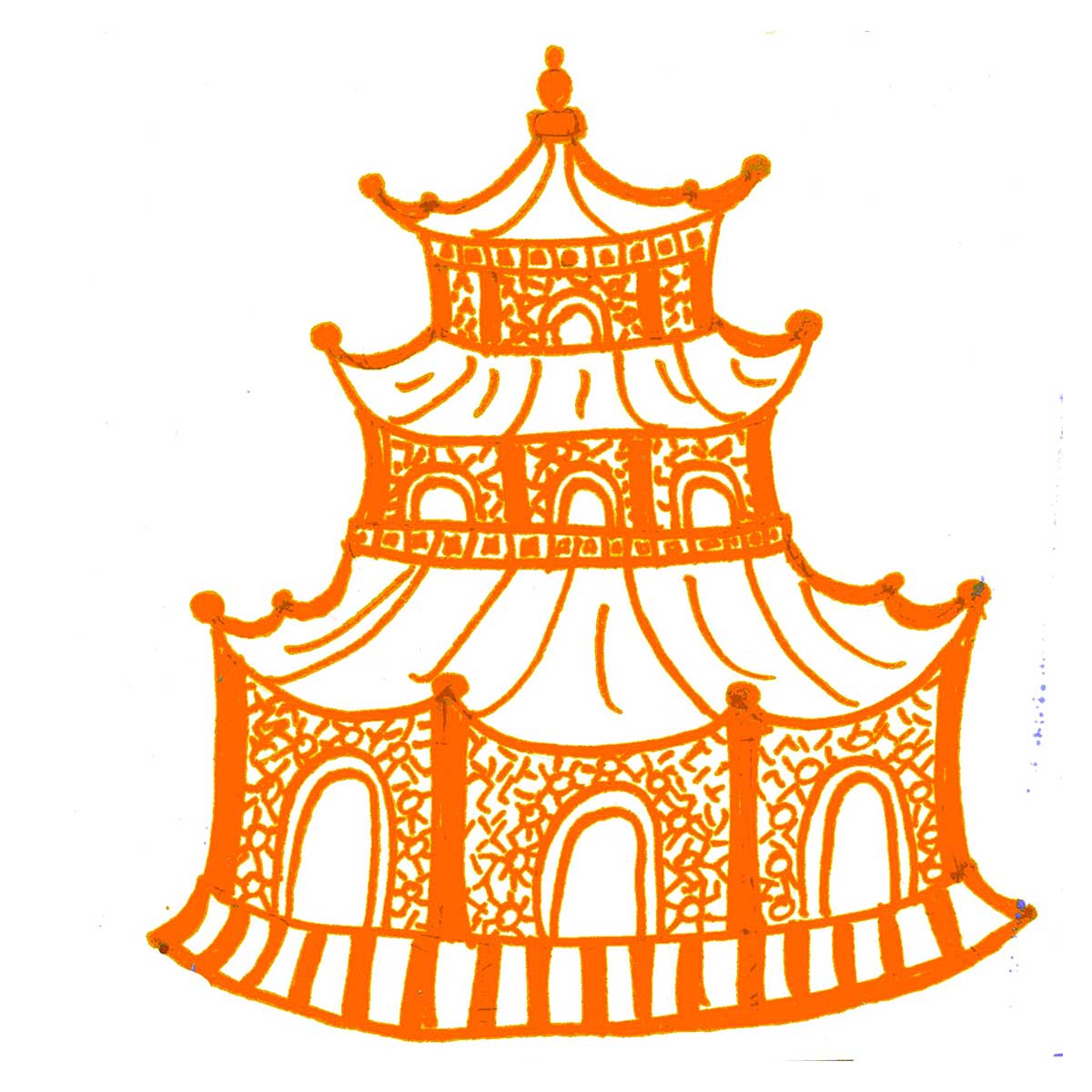 Orange Chinoiserie Pagoda Tea Towel