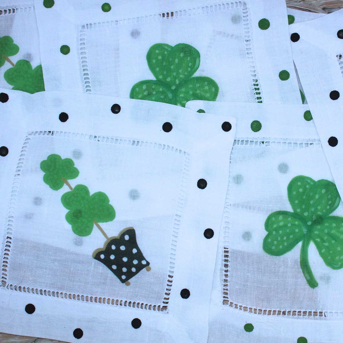 St. Patrick's Day Topiary Shamrock Linen Cocktail Napkins - Thumbnail 3